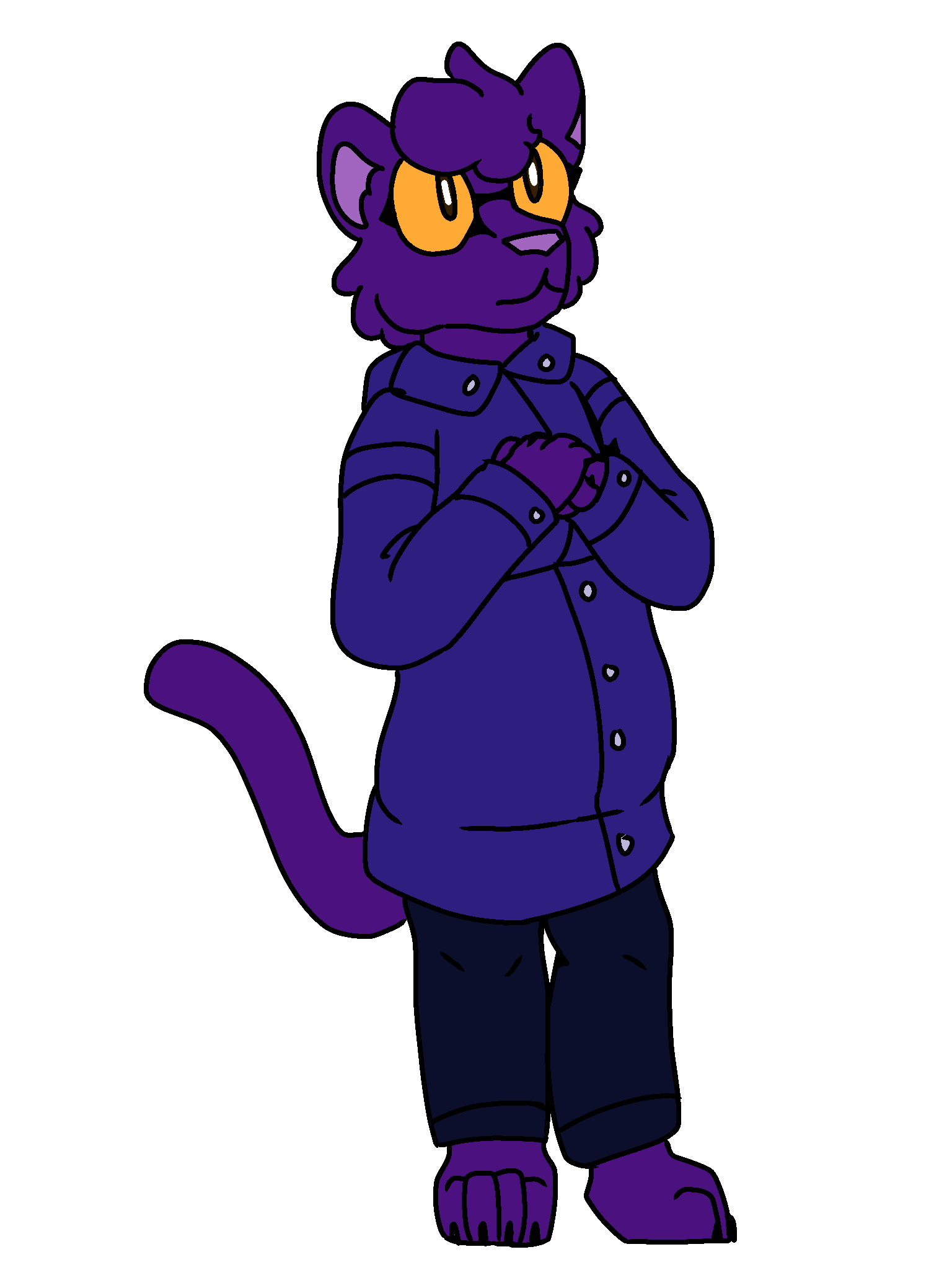 a purple panther in a big blue raincoat, 
            big glasses, and denim jeans.