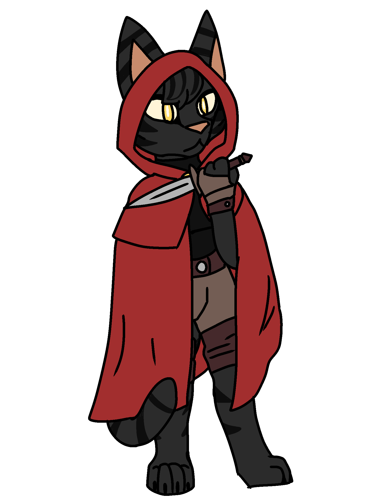 a black tabby cat in a red cloak and tactical gear.