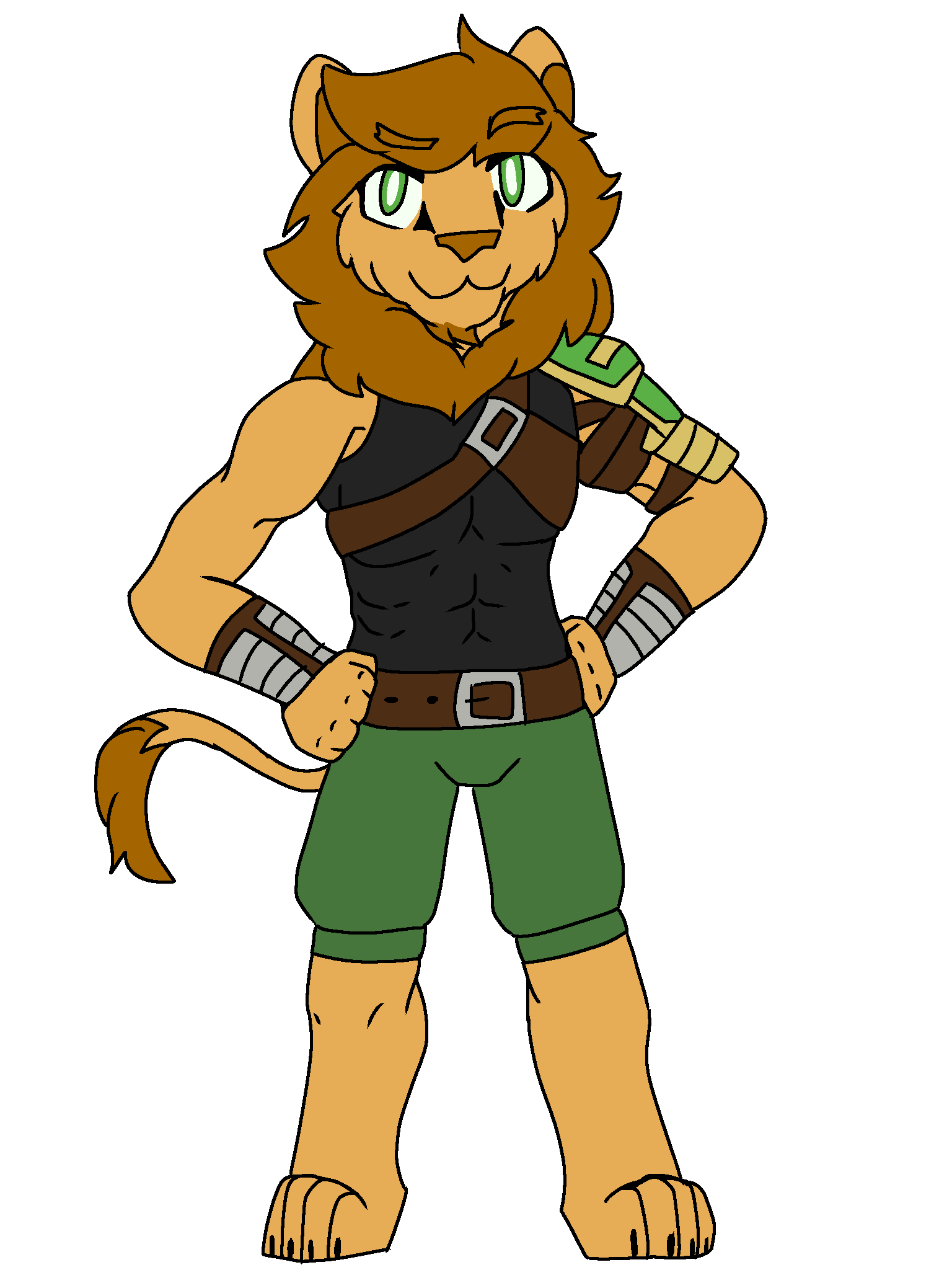 a golden lion in a black sleeveless tanktop, green shorts, and 
            armor armbands.