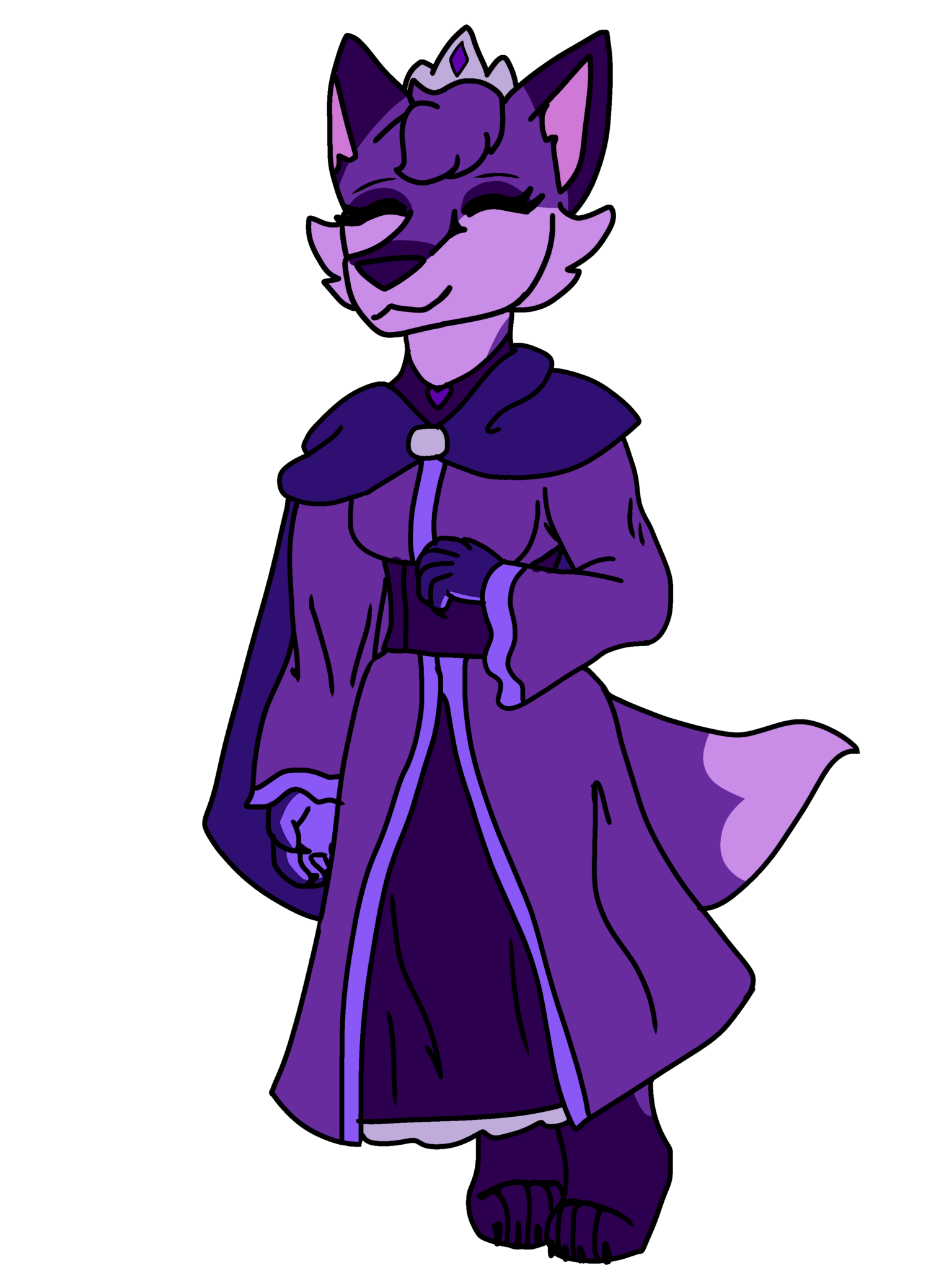 a purple fox in a flowy, princess dress and silver jewelry